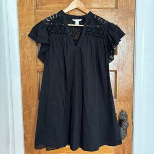 NWOT! H&M Flutter Sleeve Dress with Eyelet Embroidery in Black - S